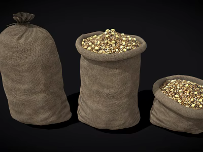 Three Different Sizes Burlap Sacks Filled With Corn Kernels For Household Storage 3d model