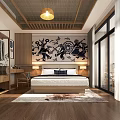 Hotel Guest Room With Wooden Ceiling Pendant Light Wardrobe Bed Rug And Wall Decor Painting