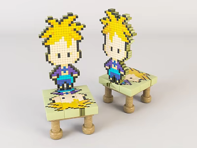 Light Colored Children's Chairs With Wooden Legs And LEGO Style Blonde Boy Cartoon Characters On Surface 3d model