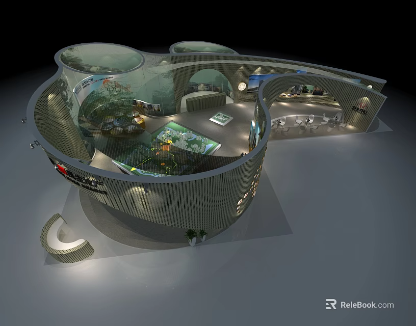 Innovative Exhibition Booth Design With Domed Glass Roof Curved Structure Interior Display Areas Modern Lighting 3d model 