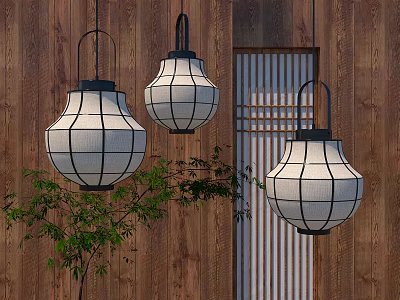 Japanese Style Lantern Pendant Lights With White Shade And Black Frame In Wooden Room 3d model
