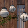 Japanese Style Lantern Pendant Lights With White Shade And Black Frame In Wooden Room