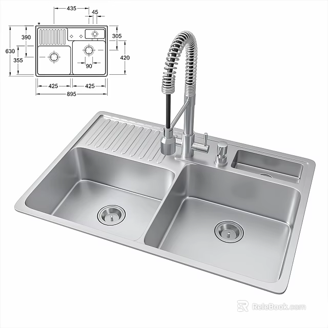Stainless Steel Double Bowl Kitchen Sink With Flexible Faucet And Drainboard 3d model 