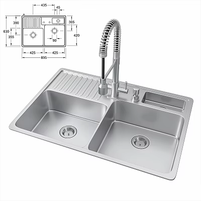 Stainless Steel Double Bowl Kitchen Sink With Flexible Faucet And Drainboard 3d model