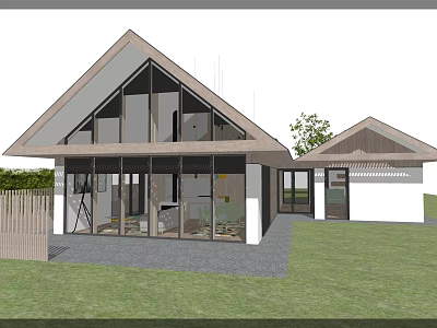 Modern Detached Villa With Gabled Roof Large Glass Windows And Green Lawn 3d model
