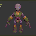 Robot Character With Silver Head Blue Eyes Green Yellow Metallic Body 3D Model Standing Pose