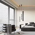 Modern Bedroom Interior With Platform Bed Circular Wall Art And Window Blinds 3d model