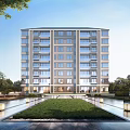 Modern Mid-Rise Residential Building Exterior With Lawn Water Feature And Trees