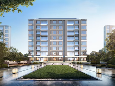 Modern Mid-Rise Residential Building Exterior With Lawn Water Feature And Trees 3d model