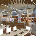 Modern Restaurant Interior Design With Colorful Chandeliers Wooden Decor And Curved Seating