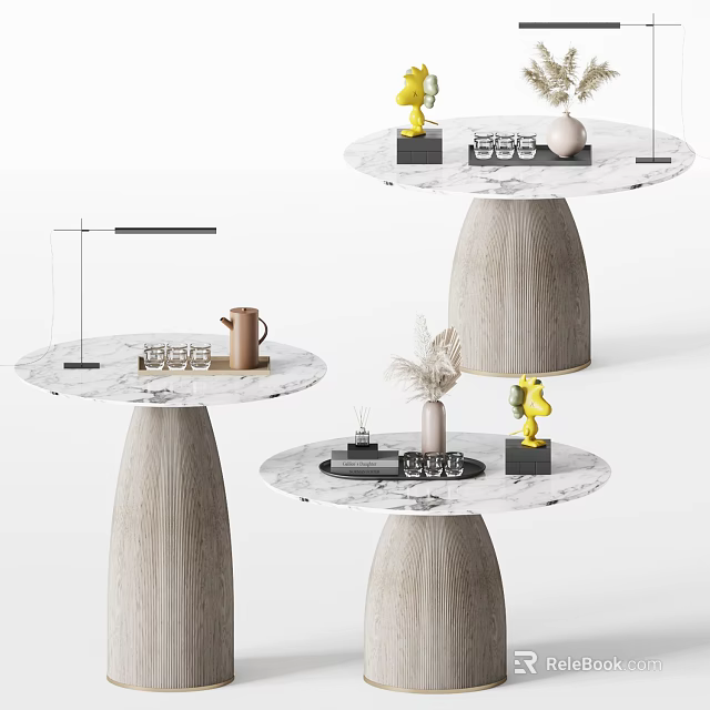 Stylish Round Coffee Table With Marble Top Wooden Base And Decorative Vase Tea Set 3d model 