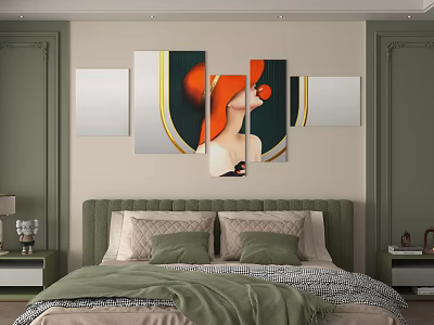 Bed Background Wall In Bedroom With Green Walls Upholstered Headboard And Multiple Canvases Artwork 3d model