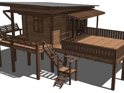 Raised Wooden House With Sloped Roof Outdoor Deck Staircase And Bench 3d model