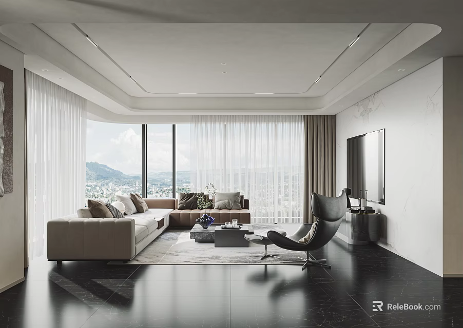 Modern Living Room Interior With Large Window Sofa Coffee Table And Curtain 3d model