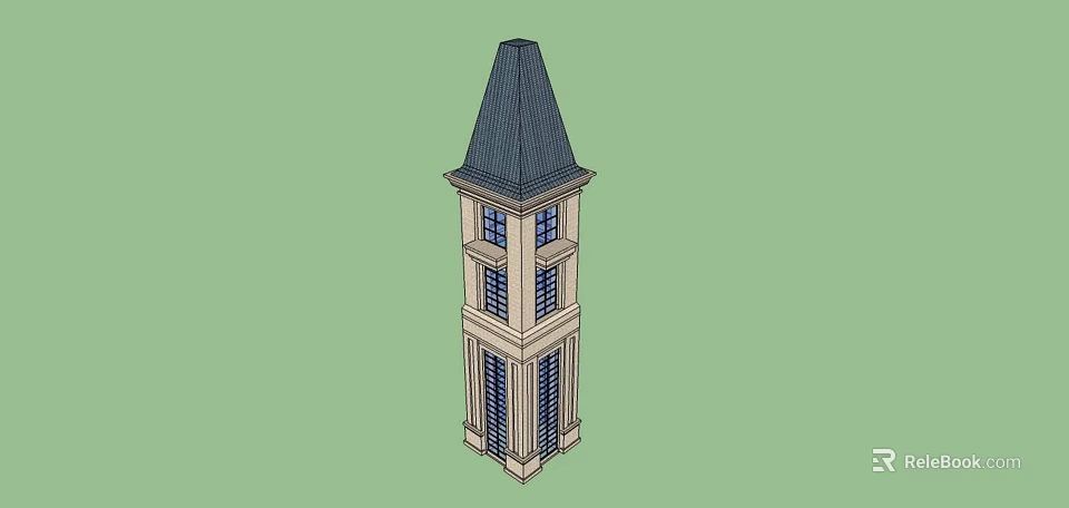 Tall Multi Story Tower With Pointed Dark Roof And Glass Windows Design 3d model 