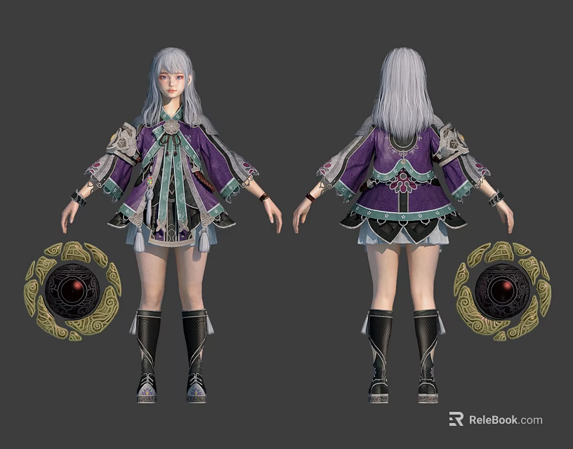 Silver Haired Fantasy Character In Purple Patterned Outfit With Creature Emblem Front Back Views 3d model 