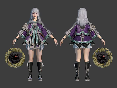 Silver Haired Fantasy Character In Purple Patterned Outfit With Creature Emblem Front Back Views 3d model