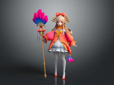 Anime Girl Character With Bird Feather Fan In Pink White Outfit And Red Bow Accessory 3d model