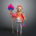 Anime Girl Character With Bird Feather Fan In Pink White Outfit And Red Bow Accessory