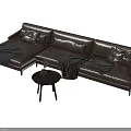 Brown Leather L shaped Sofa With Pillows Gray Throw Blankets And Black Round Coffee Table 3d model