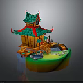 Traditional Chinese Pavilion Featuring Green Tiled Roof Red Accents Wooden Structure And Water Features