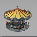 Vintage Carousel Structure With Red Yellow Striped Roof Decorative Railings And Colorful Horses