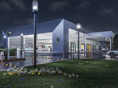 Modern RESP Car Service Center Exterior At Night With Glass Facade Street Lamps Lawn Flowers 3d model
