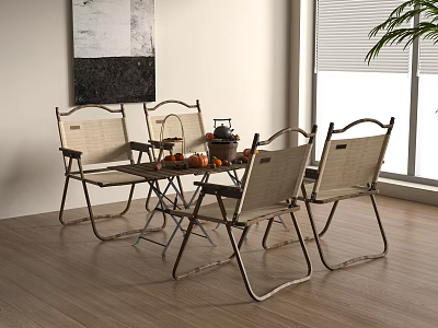 Modern Outdoor Table with Rattan Chairs Metal Frame and Fruit Decor in Indoor Living Space 3d model