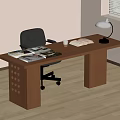 Brown Wooden Desk With Black Office Chair Table Lamp Books Coffee Cup And White Walls