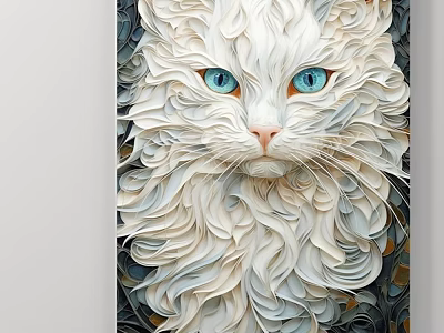 White Cat Animal Painting With Curly Fur And Blue Eyes On Dark Background Textured Artwork 3d model