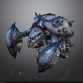 Mythical crustacean creature with blue and purple spiked armor large claws 3D rendered fantasy design