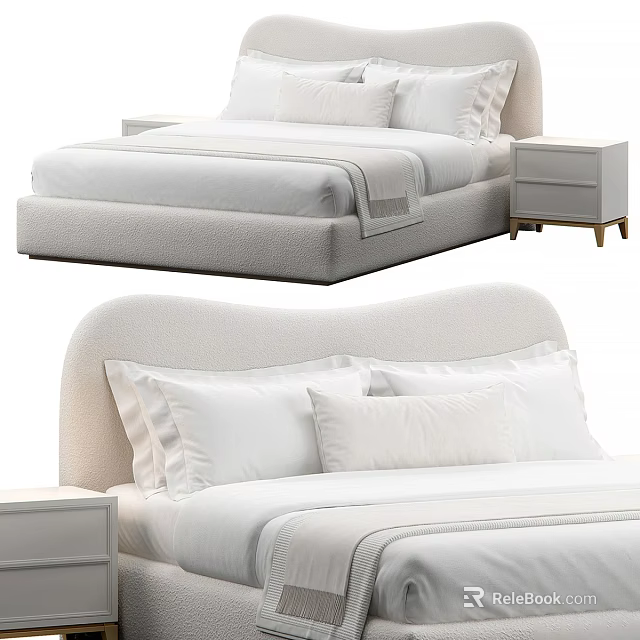 Modern Double Bed With Comfortable Upholstered Headboard White Bedding Pillows And Nightstand 3d model 