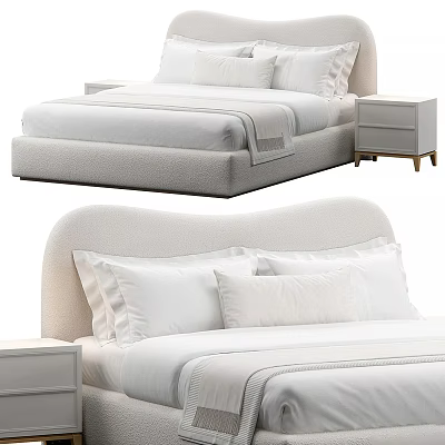 Modern Double Bed With Comfortable Upholstered Headboard White Bedding Pillows And Nightstand 3d model