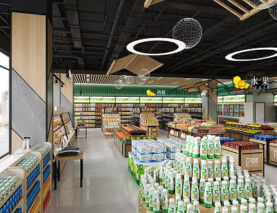 Spacious Supermarket Interior With Shelves Of Drinks Fruits Vegetables And Products 3d model