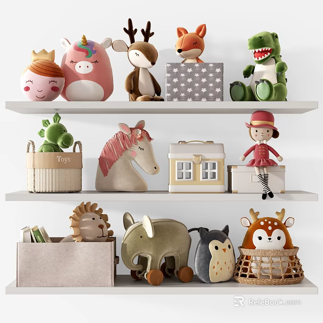 Cute Stuffed Animal Dolls Including Unicorn Deer Fox Dinosaur On Shelves With Storage Baskets 3d model 