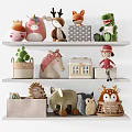 Cute Stuffed Animal Dolls Including Unicorn Deer Fox Dinosaur On Shelves With Storage Baskets