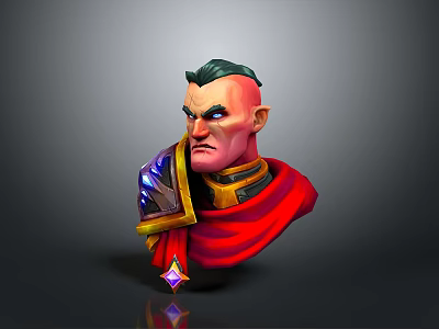 Detailed 3D Character Statue With Green Hair Red Cape Armor Decoration Serious Expression Glossy Base 3d model