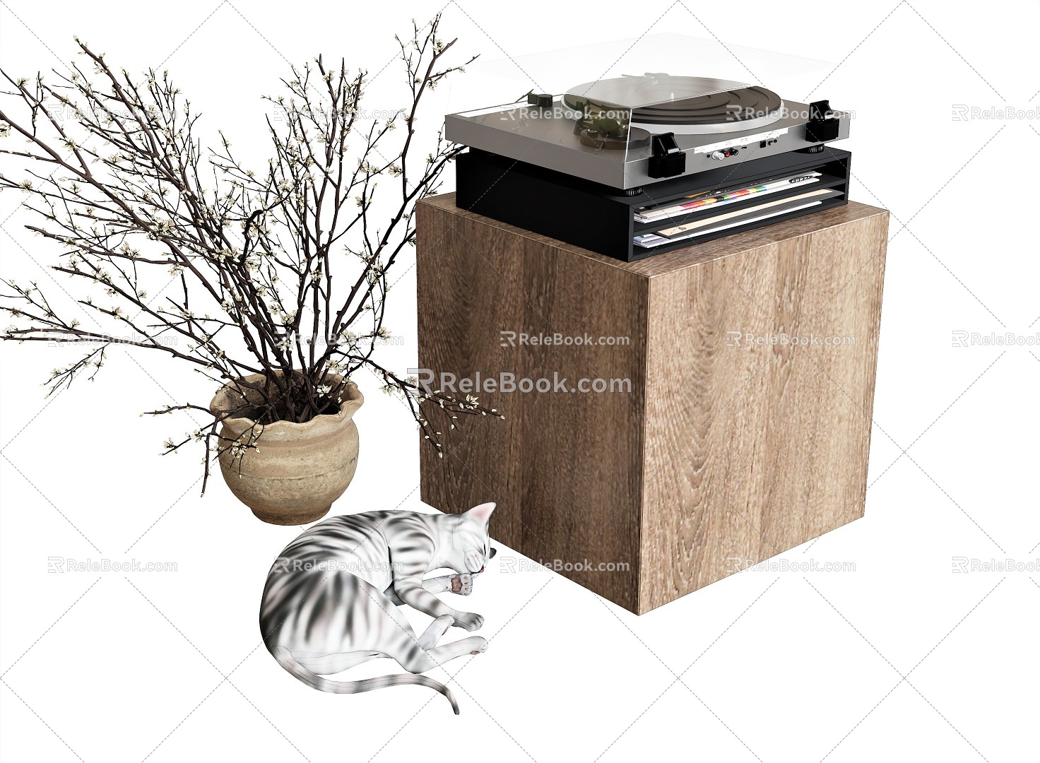 Modern record player sound plant vase cat model