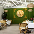 Elegant Restaurant Interior With Green Walls Golden Accents Circular Mural Woven Pendant Lights Rattan Chairs