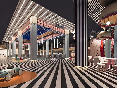 Modern Shopping Mall Lobby With Black White Striped Flooring Decorative Columns And Pendant Lights 3d model