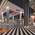 Modern Shopping Mall Lobby With Black White Striped Flooring Decorative Columns And Pendant Lights