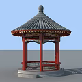Traditional Chinese Pavilion With Red Pillars Gray Tiled Roof Round Top Decoration And Carved Details