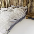 Double Bed With Wooden Plank Headboard Striped Pillows Light Patterned Duvet And Wooden Bedside Tables