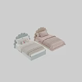 Adorable Kids Bed With Scalloped Headboard Light Blue Pink Bedding And Soft Pillows