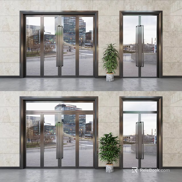 Modern Glass Entrance Doors With Metal Frames And Potted Plant Near Urban Buildings 3d model 