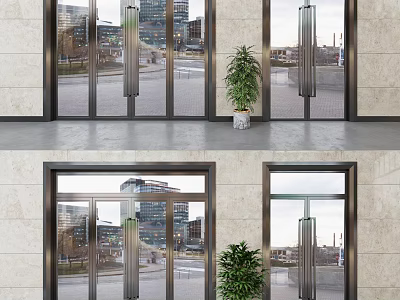 Modern Glass Entrance Doors With Metal Frames And Potted Plant Near Urban Buildings 3d model