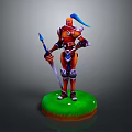 Man with Blue Hair in Orange Armor Holding Spear and Sword on Green Base