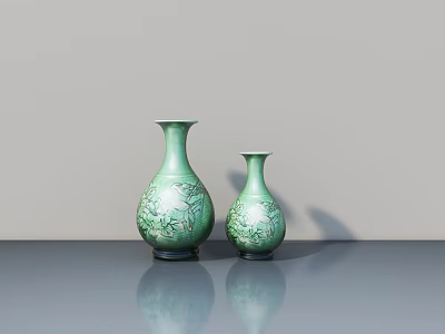 Decorative Ornament Set of Two Green Carved Vases for Tabletop Decoration 3d model