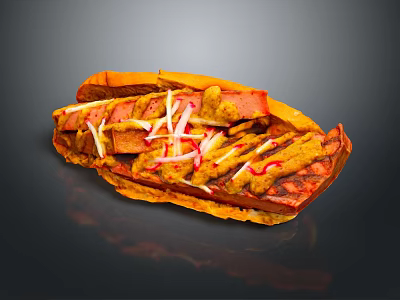 Delicious Grilled Hot Dog with Toasted Bun Onion Slices Mustard And Ketchup 3d model