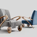 Modern Gray and Blue Single Seater Sofa with Curved Wooden Arms Round Wheel Legs